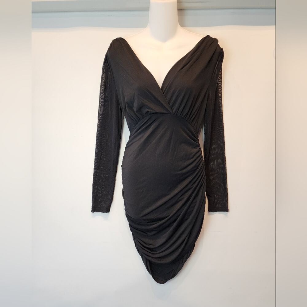 New Black Bodycon Dress Fitted Sexy Sheer Long Sleeves Ruched Deep V Size XS